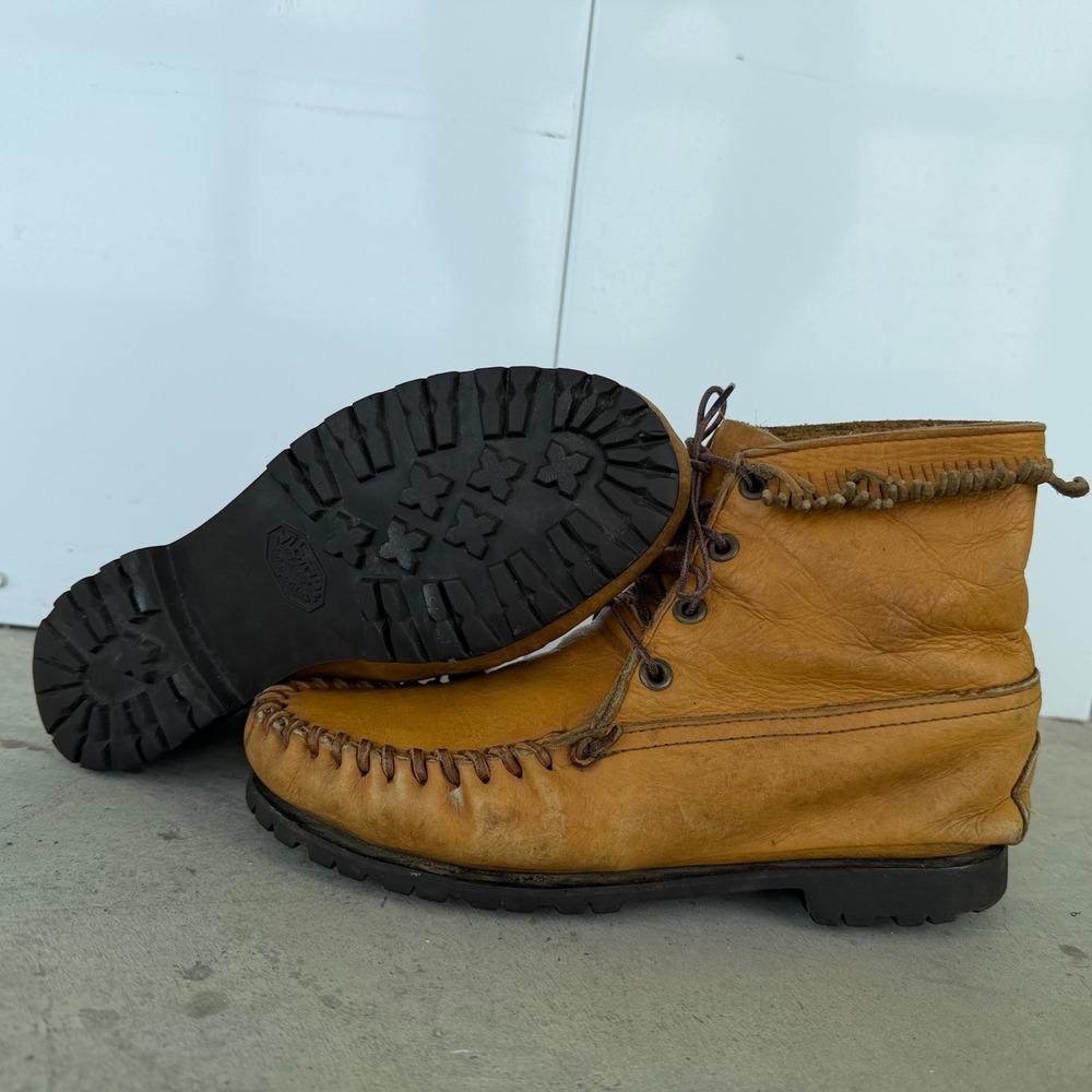 Vintage Moccasin‎ Boots Womens 8 Brown Leather Vibram Hiking Fringe Heritage